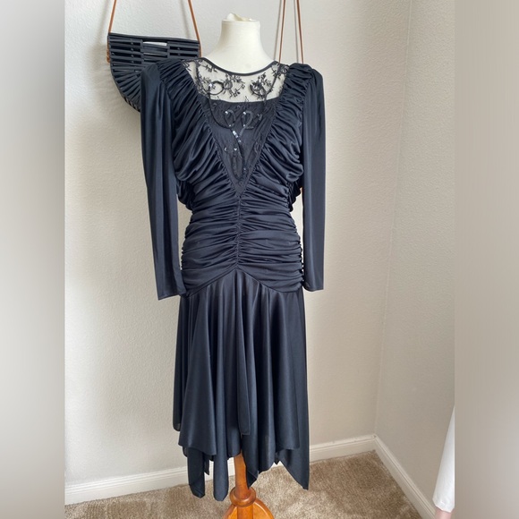Vintage 80s "Filigree Collection" Sequin Lace Long Sleeve Ruched Dress, 8 - Picture 1 of 9
